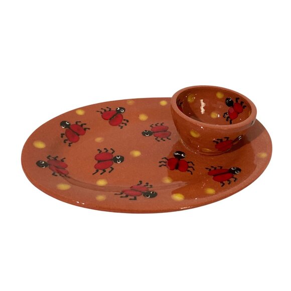 Lady Bug Art Pottery Luncheon Plate Chip And Dip Signed - Picture 3 of 10